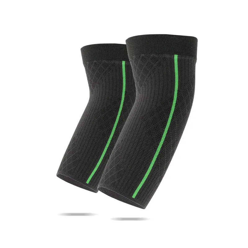 Two elbow compression sleeves in forest green, shown folded and flat