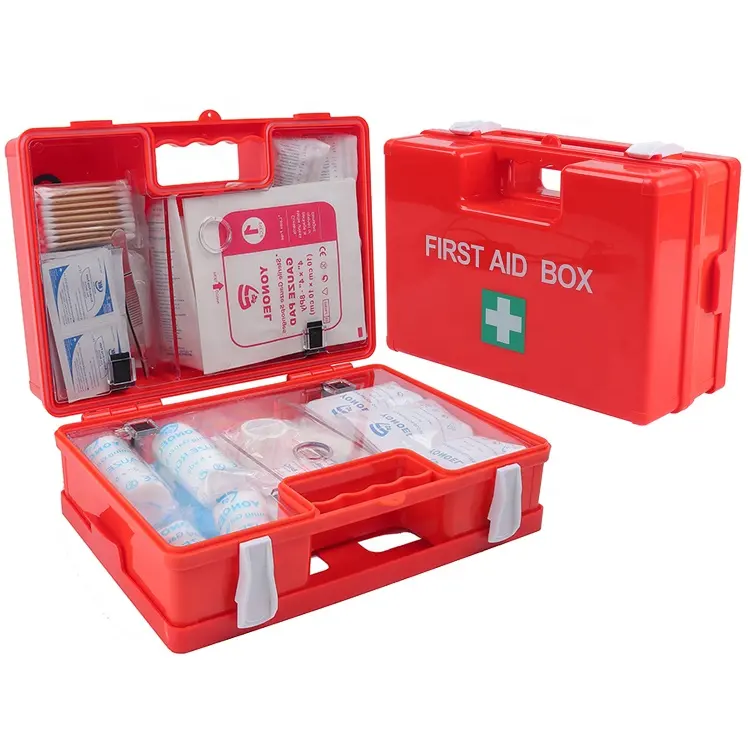 Red wall-mounted home first aid kit with a clear front door, stocked with bandages and supplies