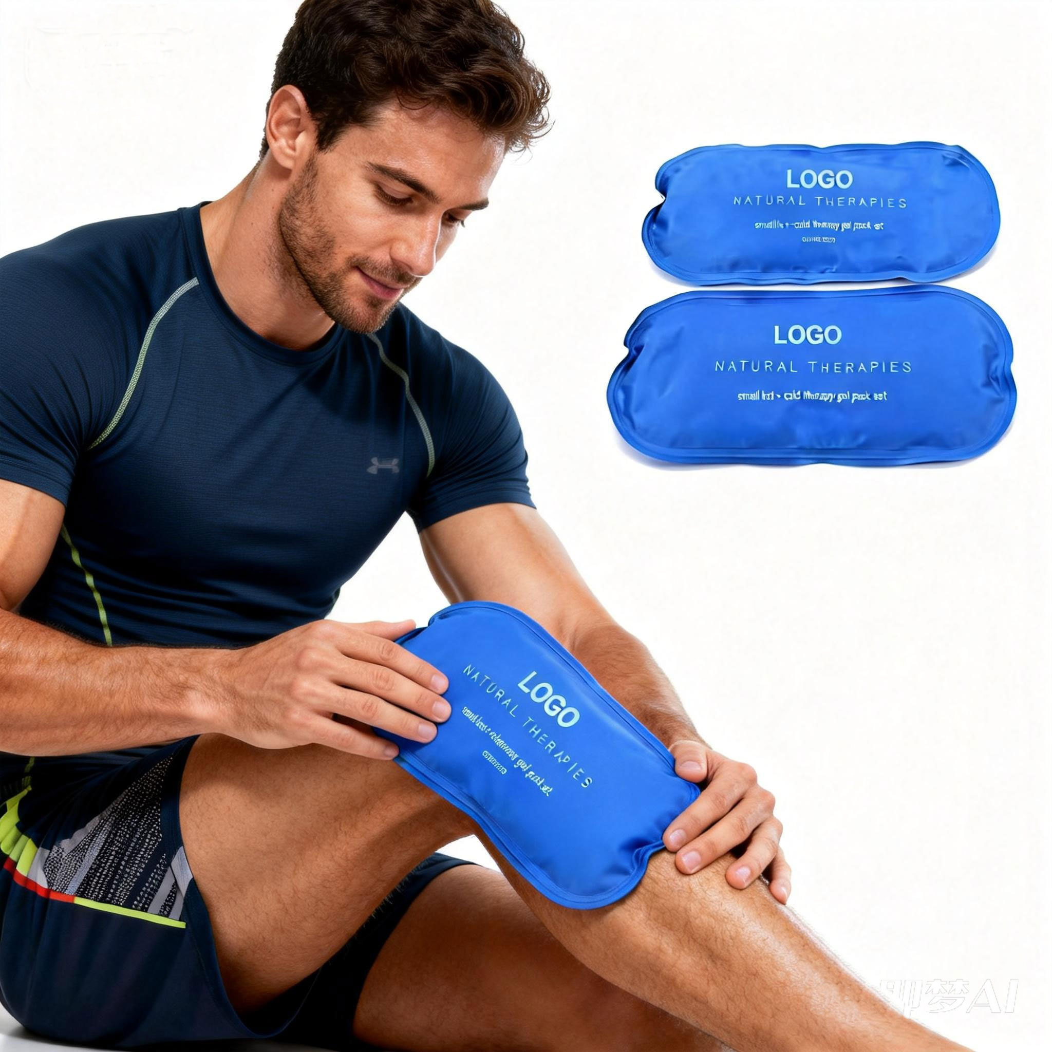 Single reusable hot and cold gel pack in a blue protective sleeve